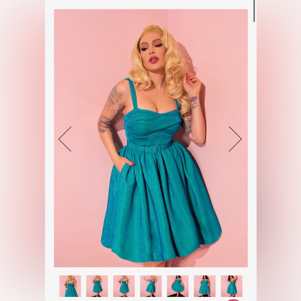 Vixen by Micheline Pitt Jawbreaker Swing Dress in Turquoise Lurex XL BMWT